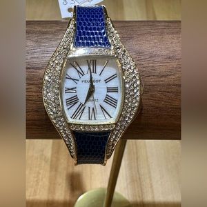 Peugeot Swarovski crystal, blue leather and gold watch, 6.5”